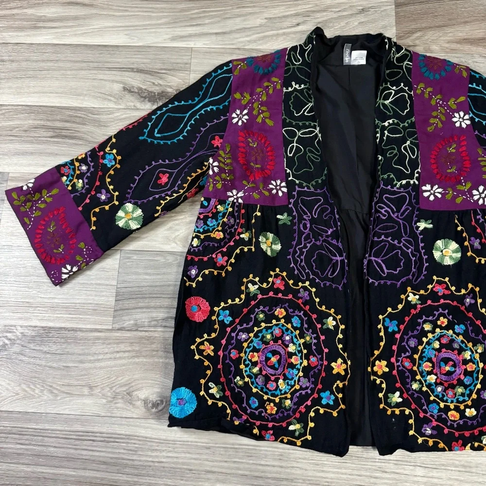 Anu Floral Embroidered Wool Blend Open Front Cardigan Jacket Size Small